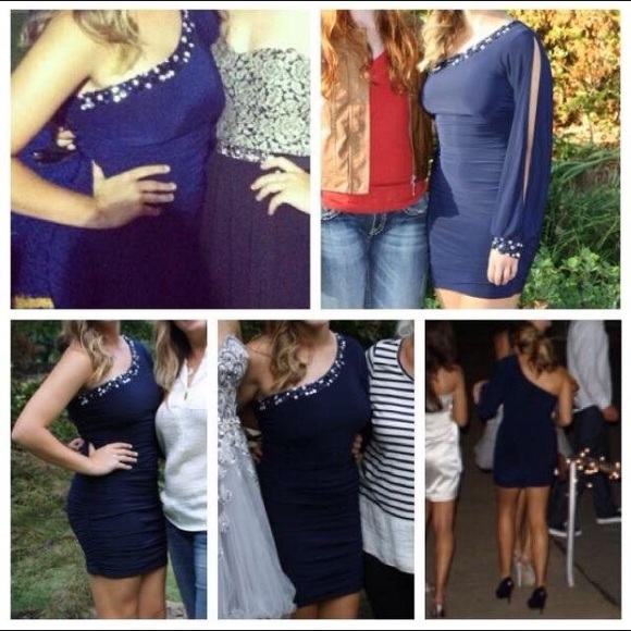 Fitted Navy One Shoulder Dress with Beading - Picture 3 of 4